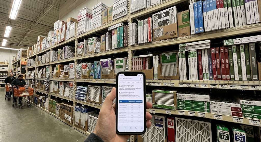 Shopper looking at a massive wall of HVAC filters in a hardware store aisle