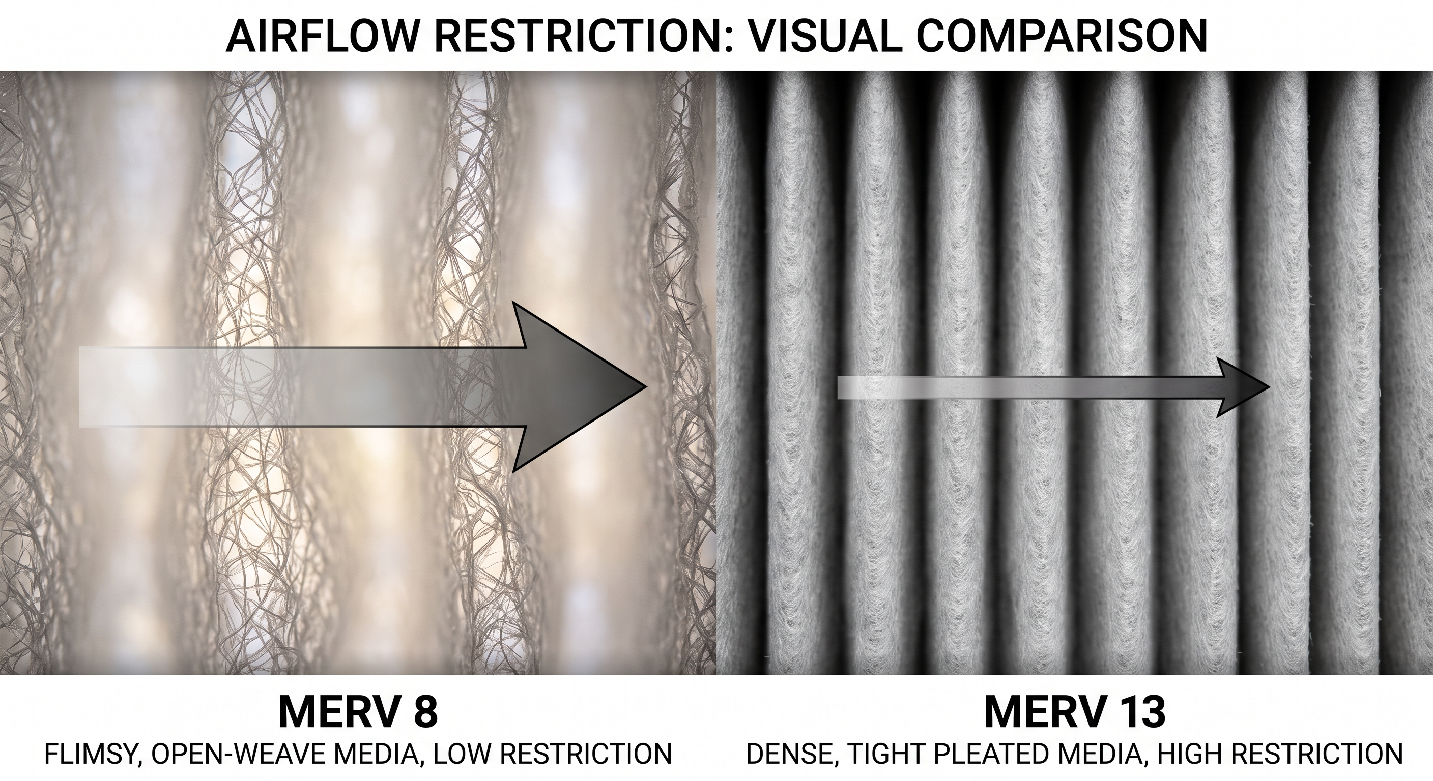 Side-by-side comparison of a coarse MERV 8 filter next to a highly restrictive pleated MERV 13 filter