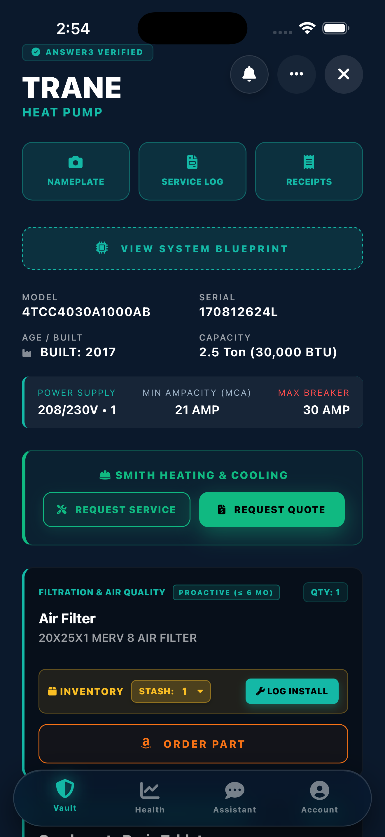 Answer3 Vault app interface showing the exact HVAC filter size and MERV rating above an Amazon order button