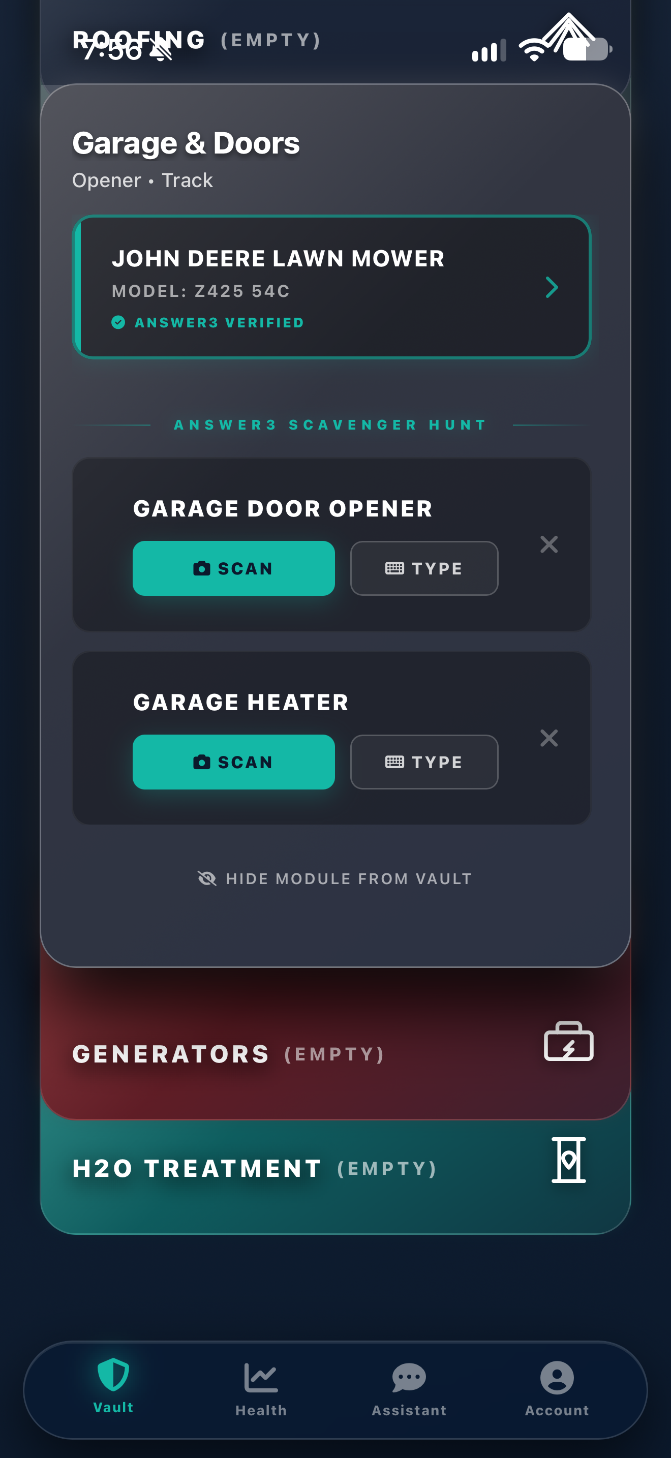 Answer3 Vault app showing the Garage & Doors module holding a John Deere Lawn Mower, Garage Door Opener, and Garage Heater
