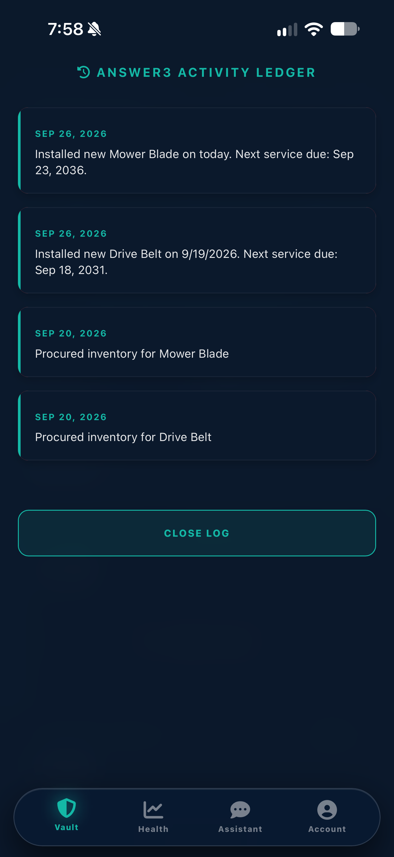 The Answer3 Activity Ledger showing a digital record of when a mower blade and drive belt were procured and installed.