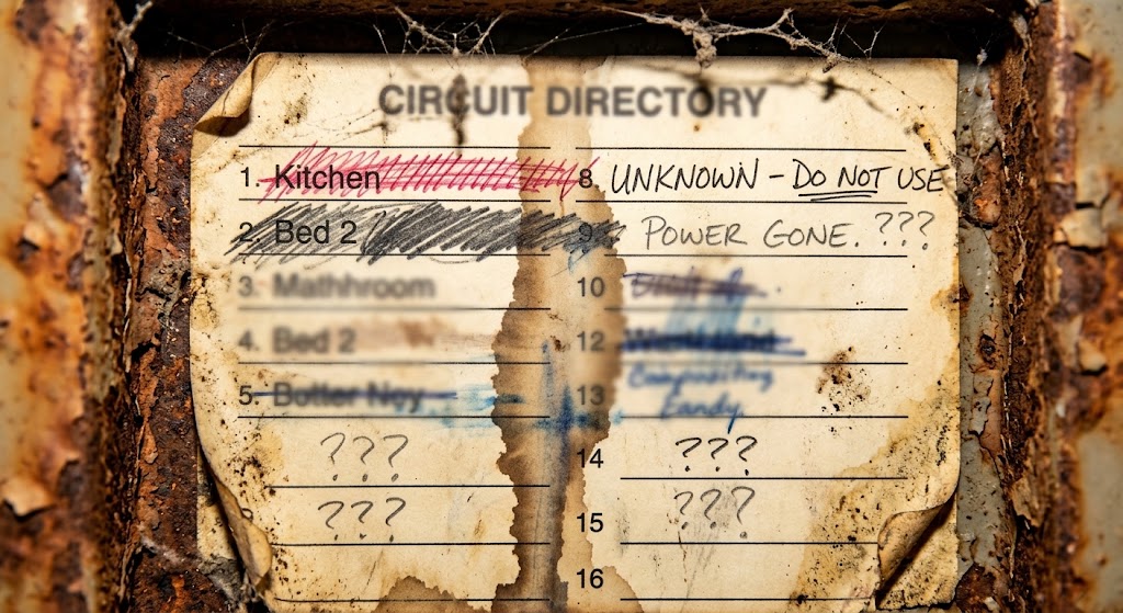 A rusted, older electrical panel door with a faded, heavily scribbled paper circuit directory