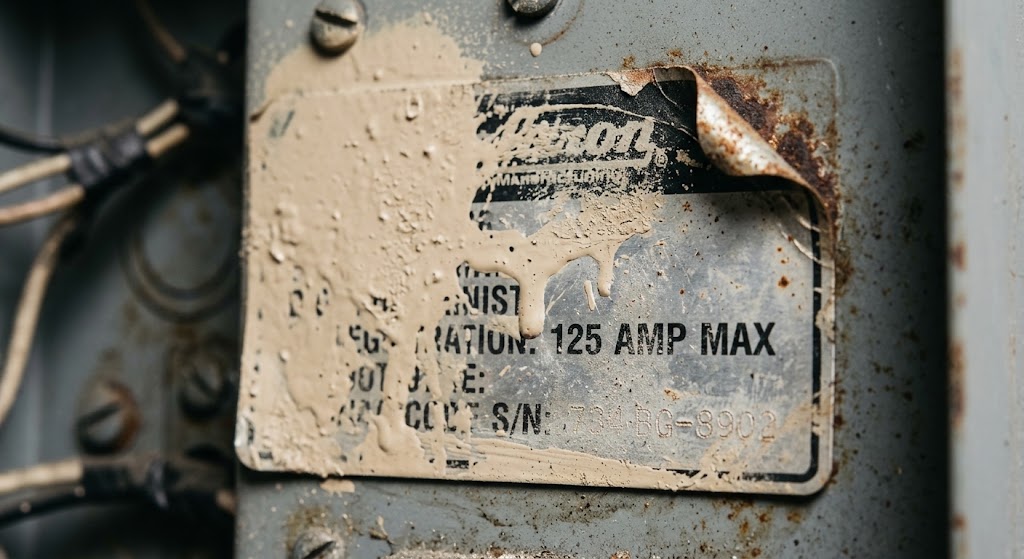 A macro shot of an electrical panel nameplate sticker peeling and covered in sloppy basement paint