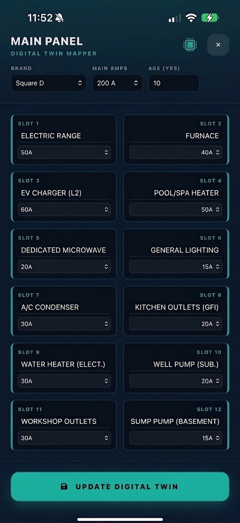 Answer3 Vault app UI showing a digital twin of an electrical panel with mapped circuits and ampacity loads