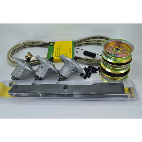 A complete John Deere OEM replacement kit containing spindles, blades, and a drive belt.