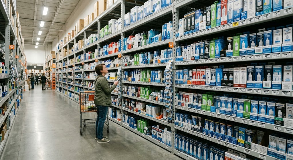 Massive wall of refrigerator water filter boxes in a hardware store aisle