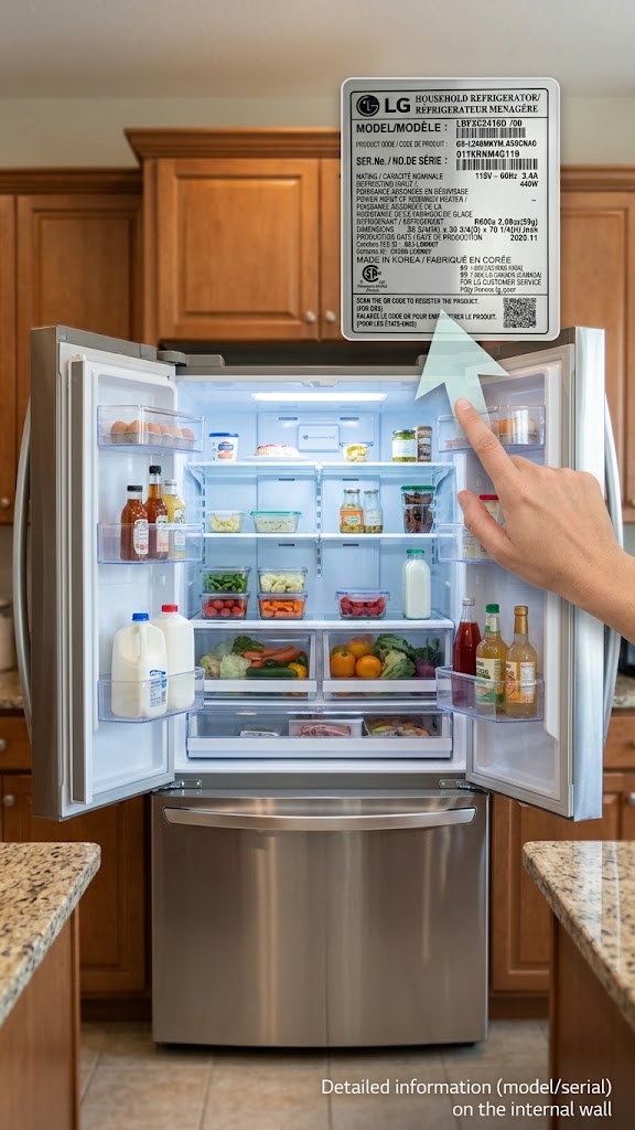 An open LG refrigerator showing the sticker inside the door liner
