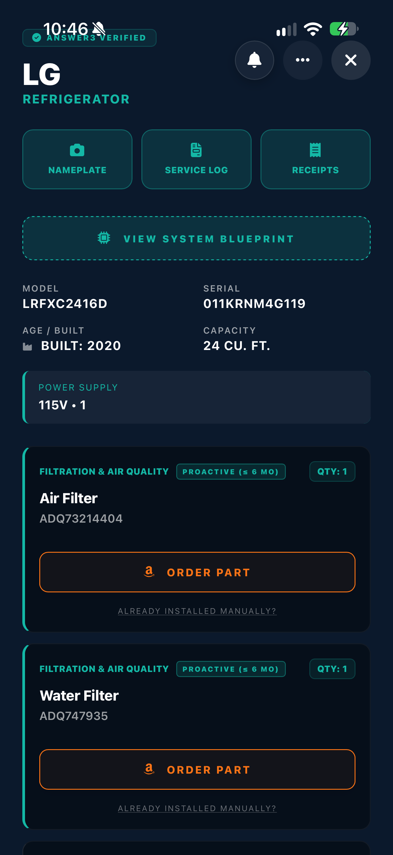 Answer3 Vault app interface showing the exact LG appliance model number and the correct OEM water filter order button