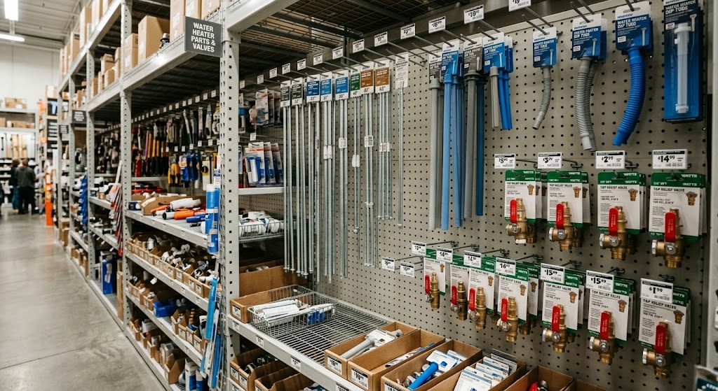 A hardware store plumbing aisle showing a pegboard of varying anode rods, dip tubes, and T&P valves