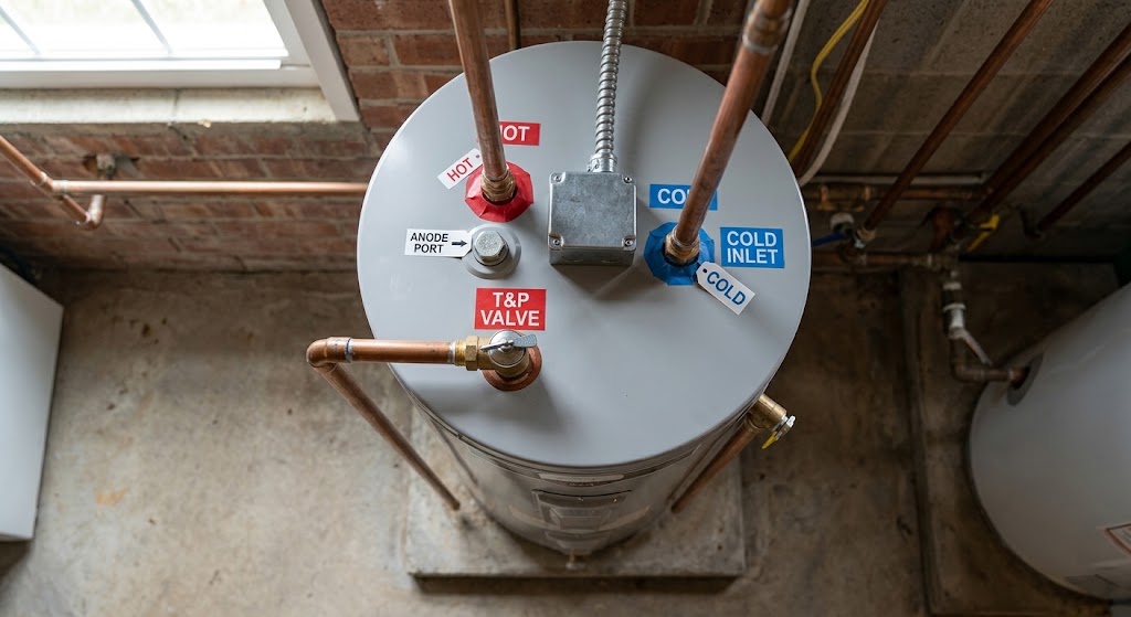 A top-down shot of a water heater showing the anode port, T&P valve, and cold inlet