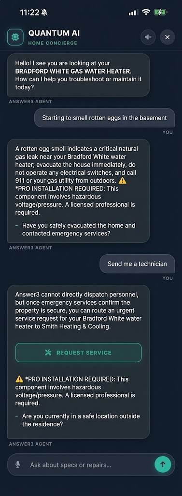 Answer3 Vault Quantum AI chat interface showing gas leak safety routing and a Request Service button for a local partner contractor