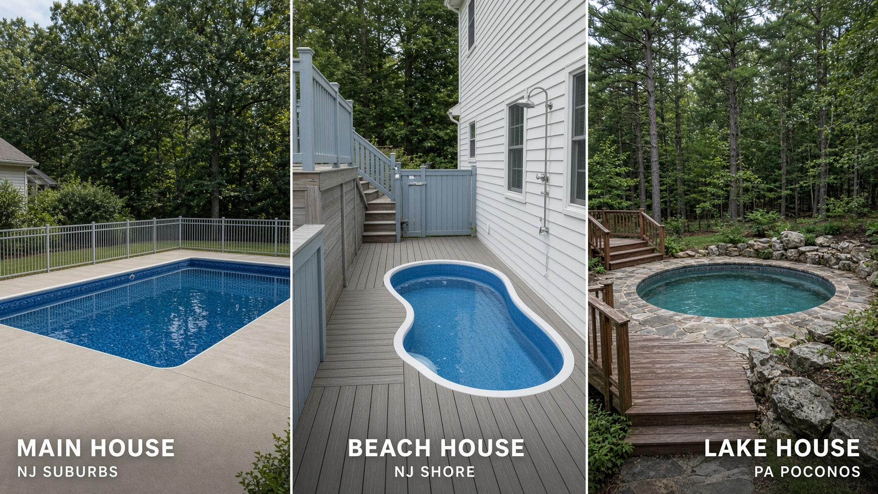 A triptych showing three realistic swimming pools: a suburban New Jersey home, a Jersey Shore beach house, and a wooded Pennsylvania lake house