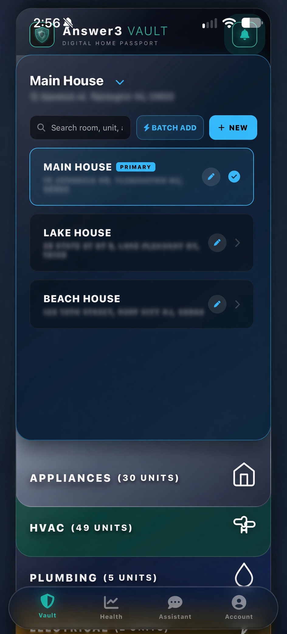 Answer3 Vault app showing the Multi-Property Fleet view with tabs for Primary Residence, Beach House, and Lake House