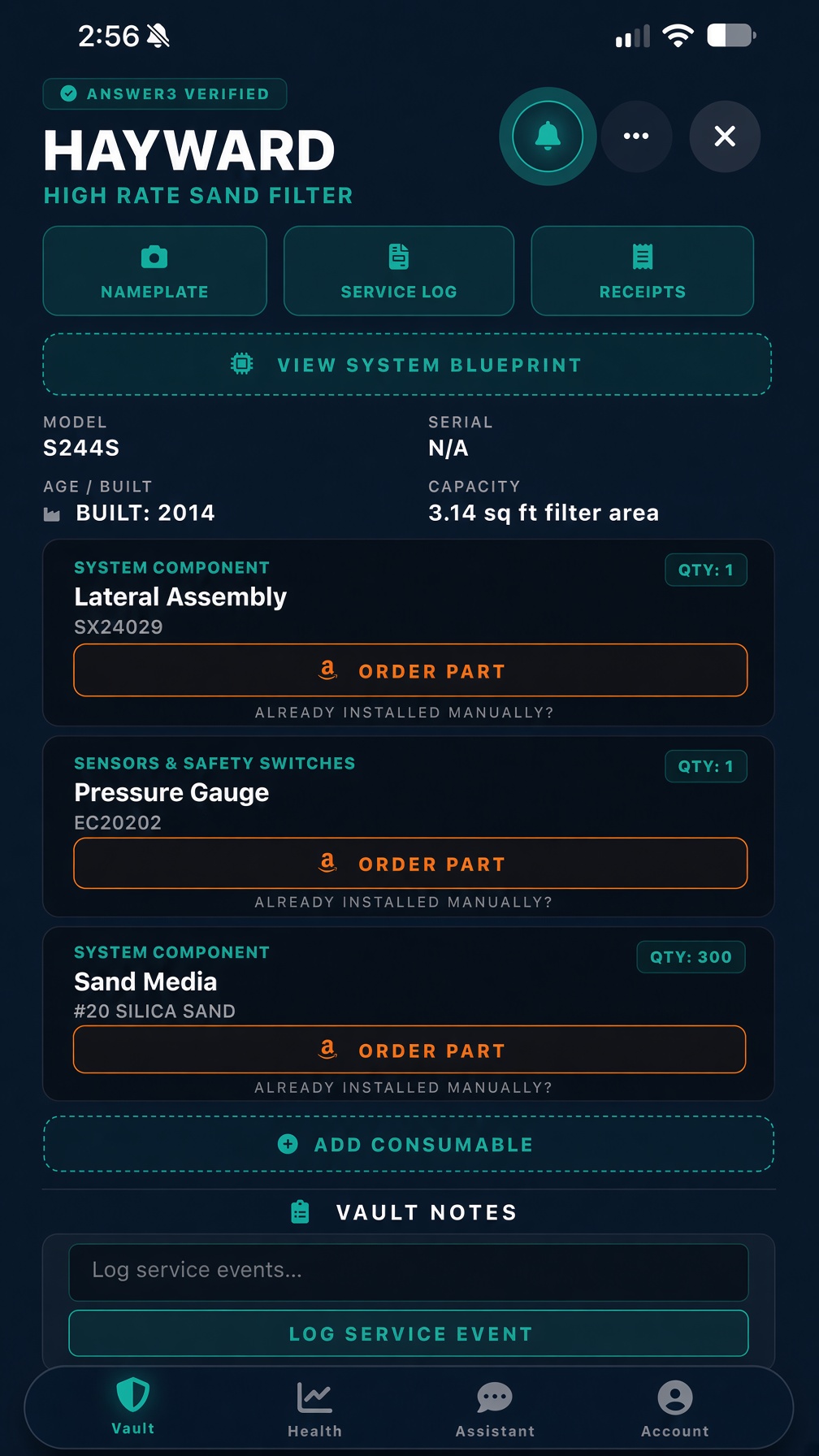 Answer3 Vault asset dashboard showing the precise 300 lbs of sand media logged for a Hayward filter