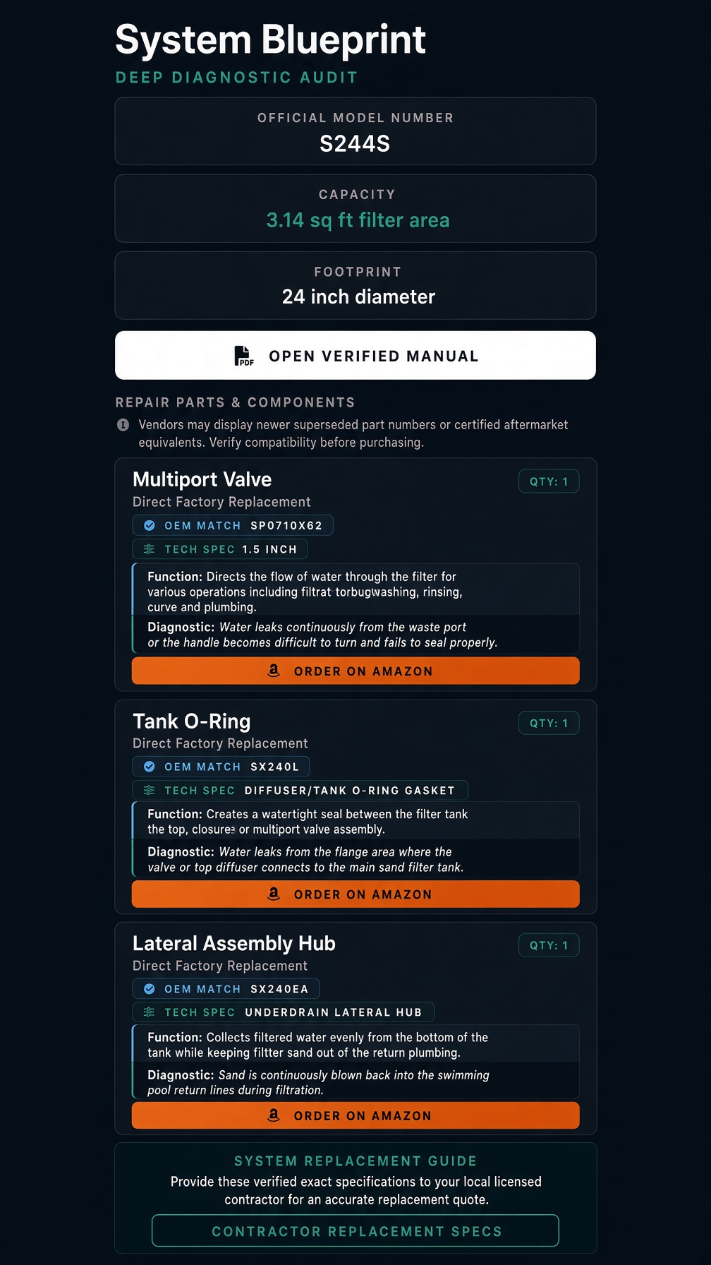 Answer3 Vault app interface showing the Deep Audit for a Hayward S244S Sand Filter with specific OEM parts