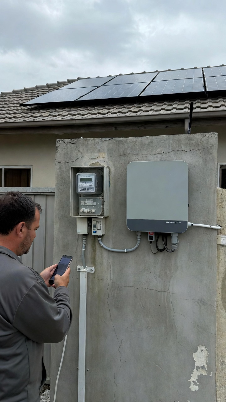 Homeowner looking at a weathered string solar inverter on the side of their home
