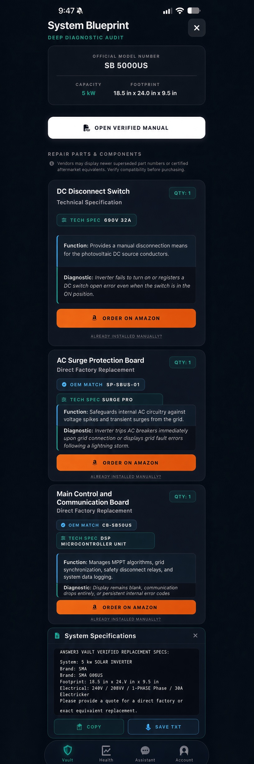 Answer3 Vault app interface showing the Deep Audit for an SMA SB 5000US, including the AC Surge Protection Board
